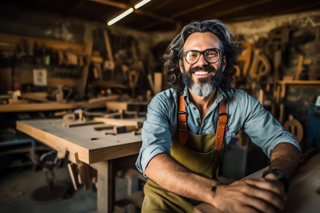 Ein Mann mit Brille und Bart lächelt in einer Holzwerkstatt in die Kamera