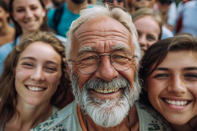 Foto ein mann mit brille und bart lächelt mit anderen menschen im hintergrund