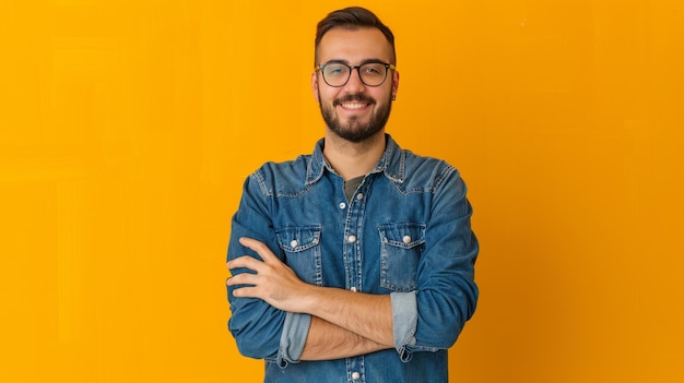 ein Mann mit Brille und blauem Hemd mit gekreuzten Armen