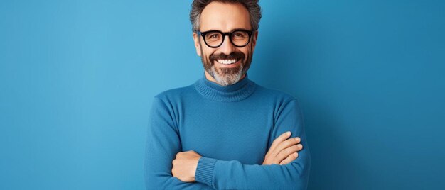 Foto ein mann mit brille und blauem hemd mit gekreuzten armen