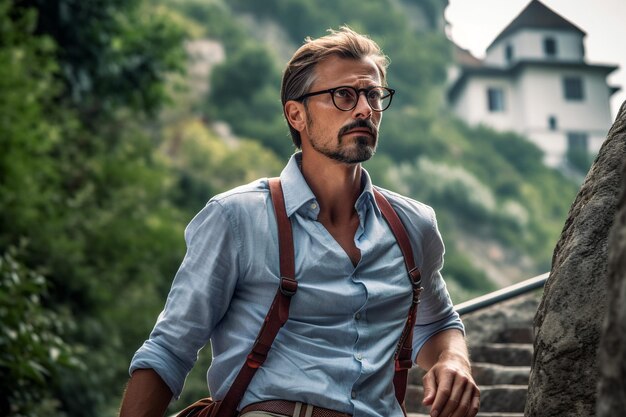 Ein Mann mit Brille und blauem Hemd steht auf einer Treppe vor einem Haus.