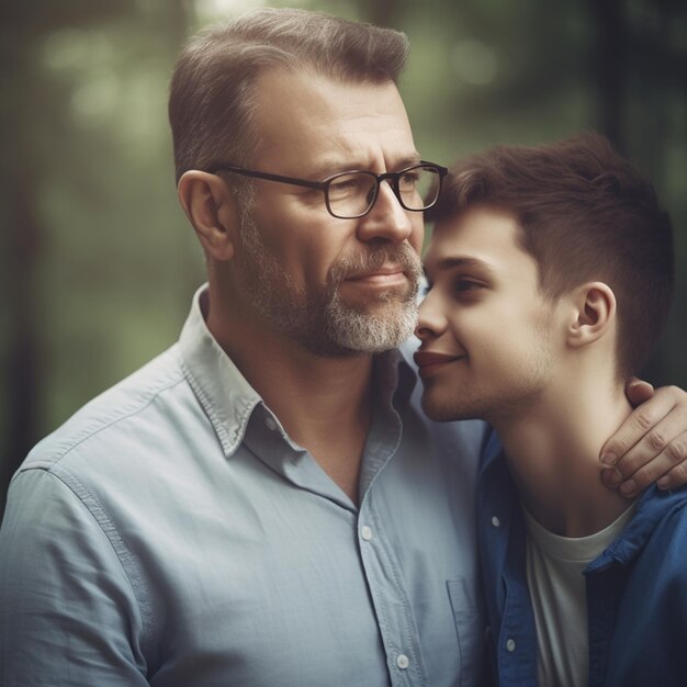 Ein Mann mit Brille und ein Junge auf seiner Schulter