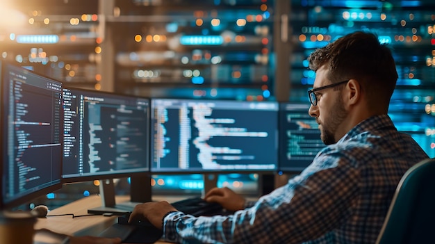 ein Mann mit Brille und einem Computermonitor mit dem Wort Daten darauf