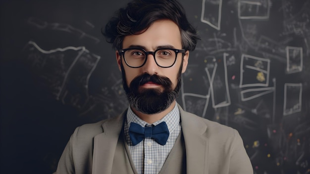 Ein Mann mit Brille und Fliege steht vor einer Tafel mit der Aufschrift „Labor“.