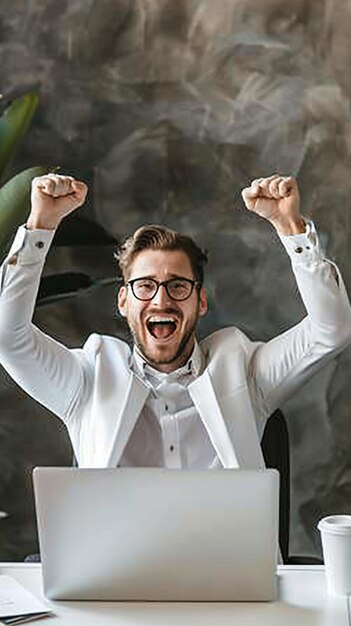 Foto ein mann mit brille und hut feiert mit den händen in der luft und dem wort 