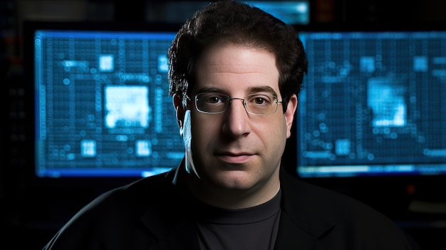 Foto ein mann mit brille und schwarzem hemd steht vor einem computerbildschirm.
