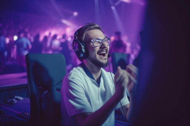 Ein Mann mit Brille und weißem Hemd lacht und trägt Kopfhörer.