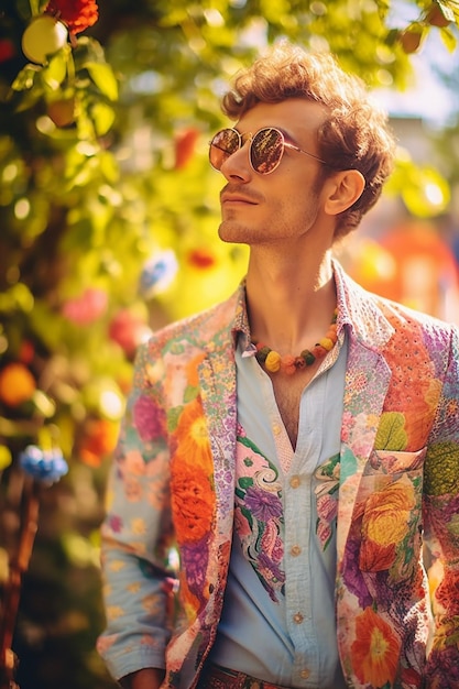 Ein Mann mit bunter Jacke und Sonnenbrille steht vor einem Baum.