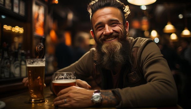 Ein Mann mit dem Kopf auf der Bar in einer Kneipe. Ein Bierglas auf der Bar, die Hände auf dem Kopf