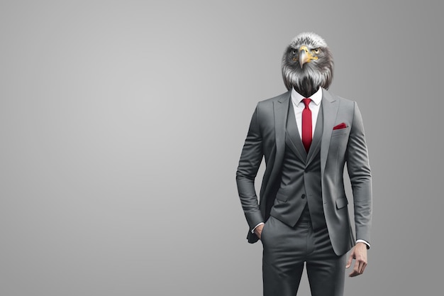 Ein Mann mit dem Kopf eines Adlers ein Geschäftsmann in einem Anzug mit dem Kopf eines Adlers Predator Gewinner Vertrauen Stahlstange Executive modernes Design Magazin Stil 3D-Illustration 3D-Rendering