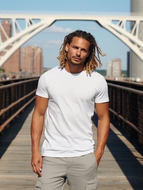 Foto ein mann mit dreadlocks, der auf einer brücke steht