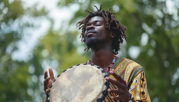 Ein Mann mit Dreadlocks hält eine Trommel