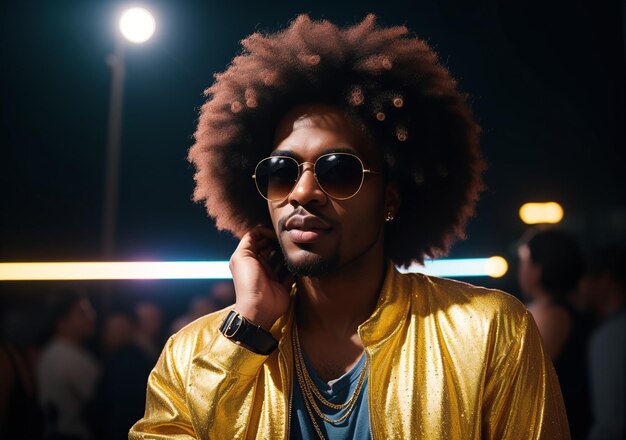 ein Mann mit einem Afro spricht nachts mit Leuten im Hintergrund und einem hellen LIG über ein Handy