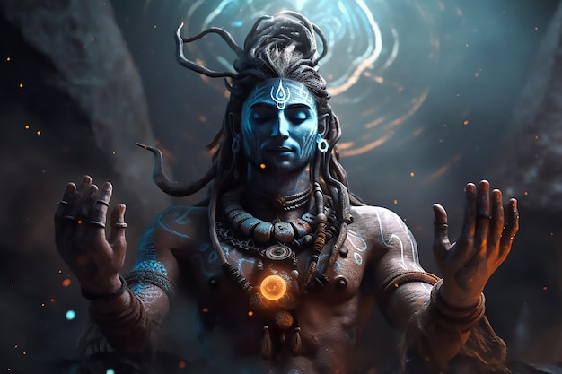 Ein Mann mit einem blauen Gesicht, auf dem das Wort „Shiva“ steht