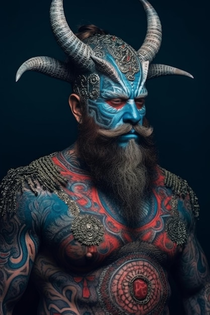 Ein Mann mit einem blauen, mit Hörnern bemalten Gesicht und einem mit Hörnern bemalten blauen Gesicht.