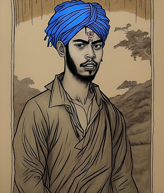 Foto ein mann mit einem blauen turban auf dem kopf und einem blauen turban auf dem kopf.