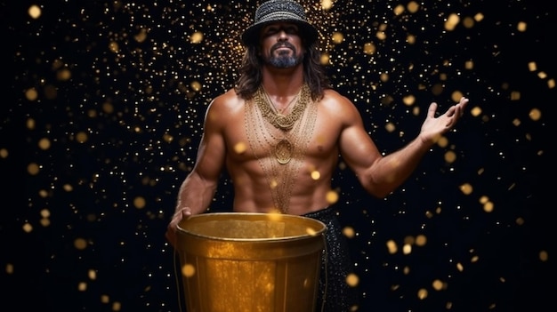 Ein Mann mit einem Eimer voll Gold steht vor schwarzem Hintergrund.