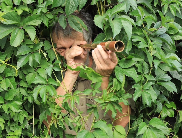 ein Mann mit einem Fernglas, das sich in den Blättern versteckt