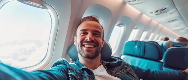 Ein Mann mit einem glänzenden Lächeln und einer Jeansjacke genießt seinen Flug und macht neben dem Flugzeugfenster ein Selfie mit Wolken in Sicht