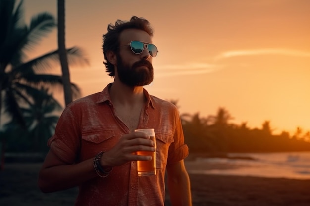 Ein Mann mit einem Glas Bier in der Hand abends am Strand bei Sonnenuntergang