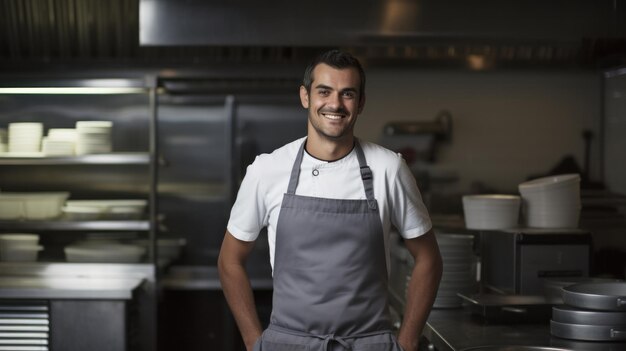 Ein Mann mit einem glücklichen Gesichtsausdruck steht in einer Küche