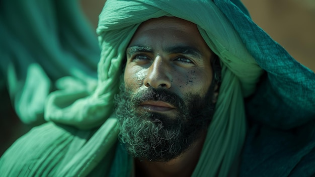 Foto ein mann mit einem grünen turban auf dem kopf steht vor einem grünem tuch