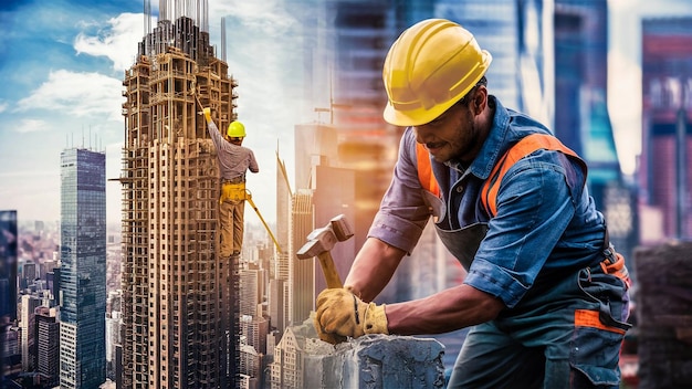 ein Mann mit einem harten Hut arbeitet an einem Gebäude mit einem Hammer