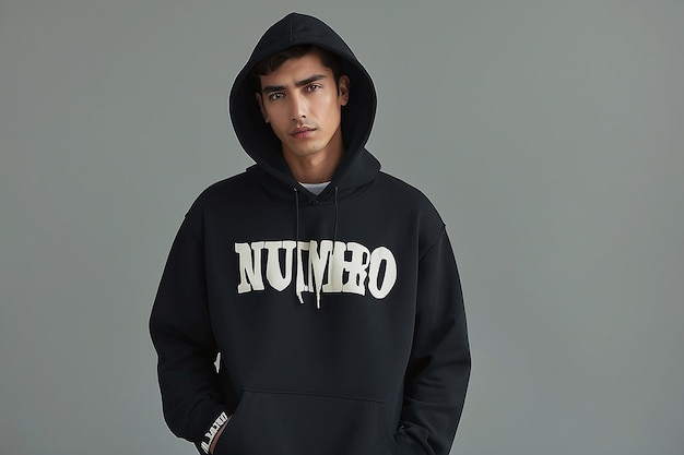 Ein Mann mit einem Hoodie, auf dem das Wort numero steht