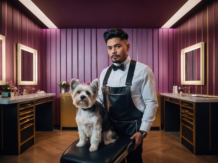 Foto ein mann mit einem hund auf dem schoß steht vor einem spiegel