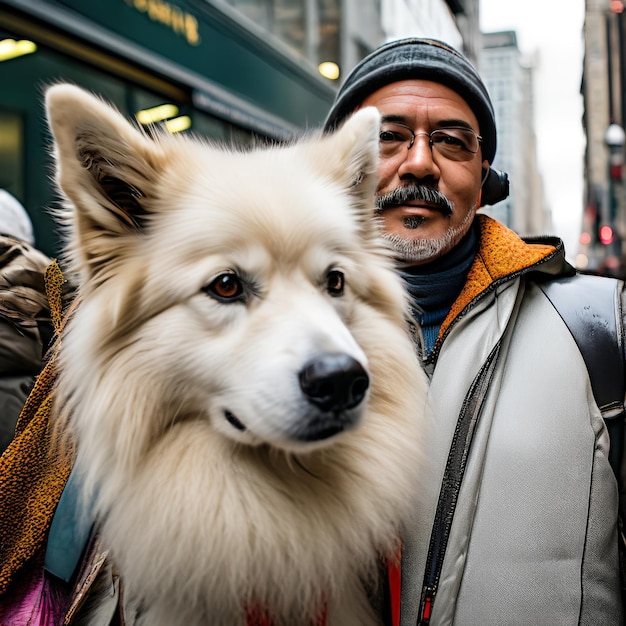 ein Mann mit einem Hund im Hintergrund