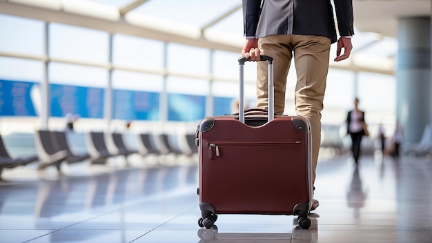 ein Mann mit einem Koffer auf einem Flughafen mit den Wörtern s auf der Seite