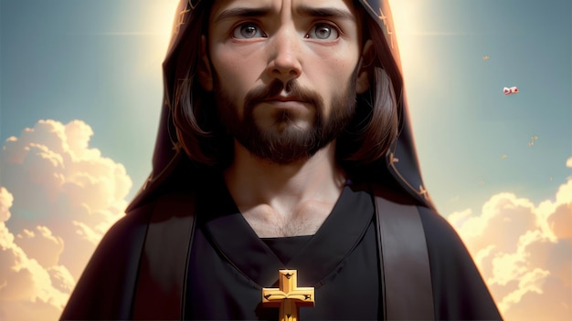 Ein Mann mit einem Kreuz auf dem Kopf steht vor einem leuchtend orangefarbenen Hintergrund.