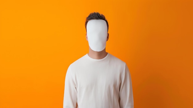 Ein Mann mit einem leeren Gesicht steht vor einem orangefarbenen Hintergrund. Er trägt einen weißen Pullover.
