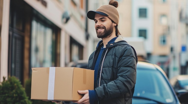 Foto ein mann mit einem paket, das eine schachtel hält