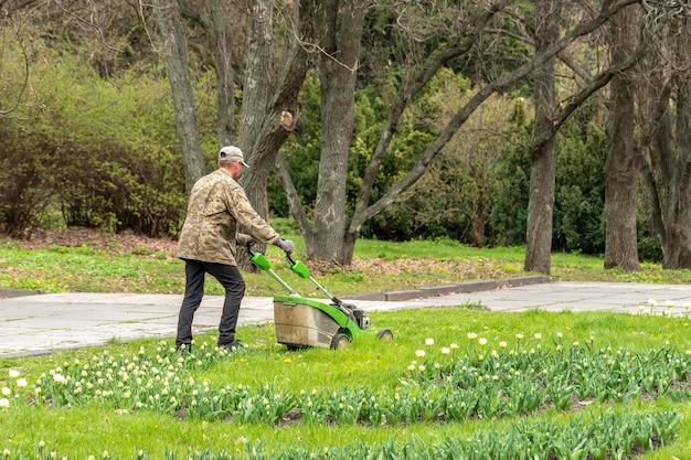 Ein Mann mit einem Rasenmäher mäht das Gras im Park