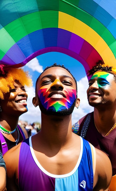 Ein Mann mit einem regenbogenfarbenem Gesicht trägt eine Regenbogenflagge