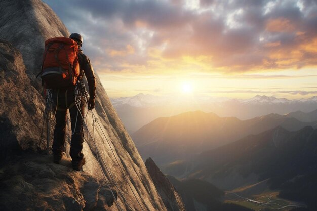 Foto ein mann mit einem rucksack, der auf dem gipfel eines berges steht