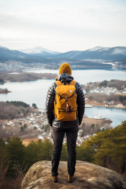 ein Mann mit einem Rucksack, der auf einem Felsen steht