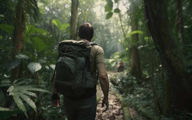 Ein mann mit einem rucksack geht durch den dschungel-regenwald-reisenden, der outdoor-abenteuer ai generiert