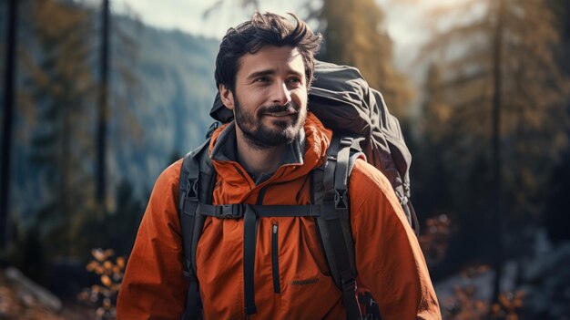 Ein Mann mit einem Rucksack geht durch den Wald