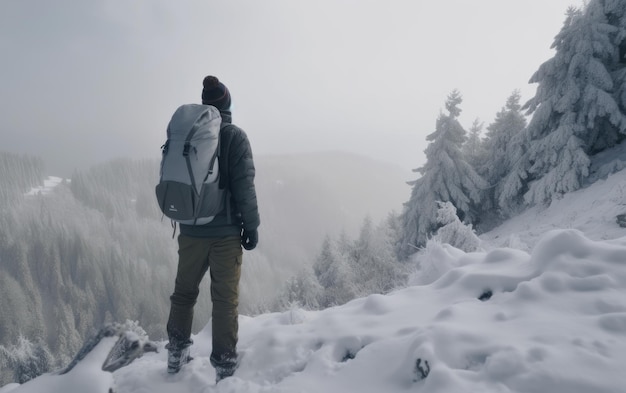 Ein Mann mit einem Rucksack geht durch einen verschneiten Bergwald und wandert ein von der KI erzeugtes Outdoor-Abenteuer