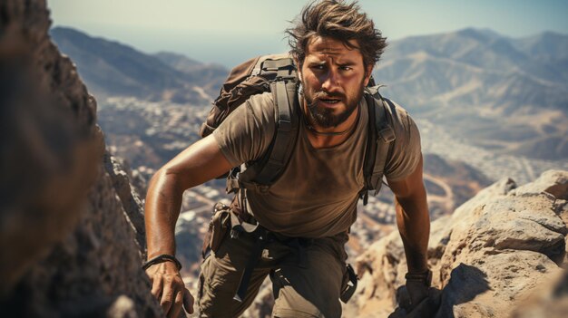 ein Mann mit einem Rucksack geht einen Berg hinauf mit einem Berg im Hintergrund.