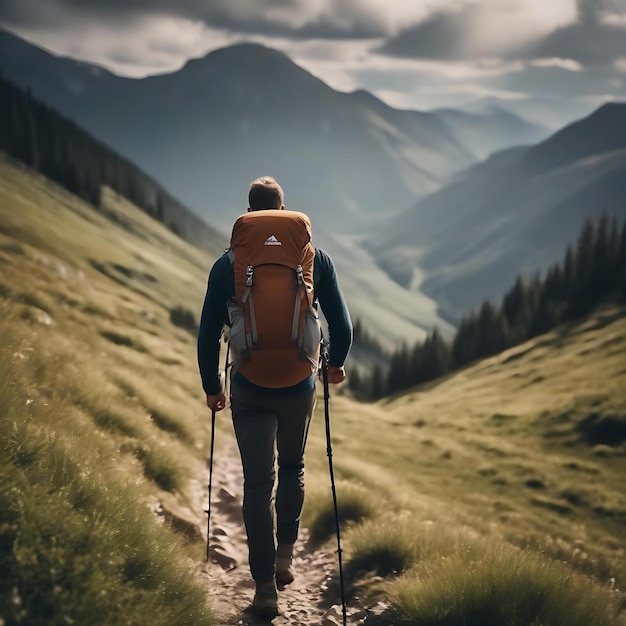 ein Mann mit einem Rucksack geht einen Pfad mit Bergen im Hintergrund hinauf