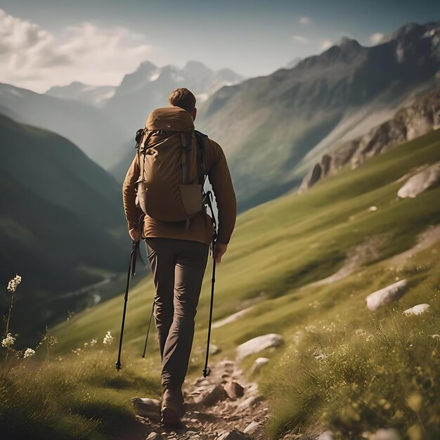 ein Mann mit einem Rucksack steht auf einem Bergpfad