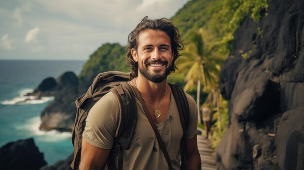 Ein Mann mit einem Rucksack steht auf einer Klippe am Ozean