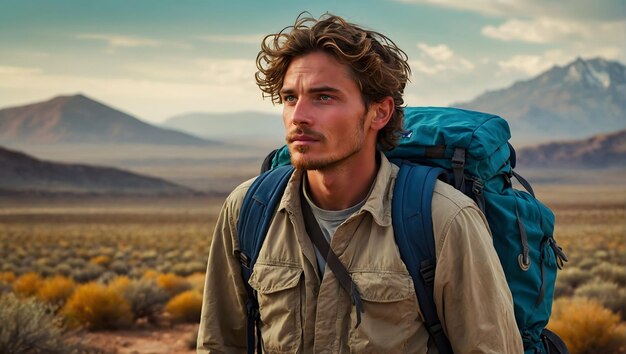 Foto ein mann mit einem rucksack und einem berg im hintergrund