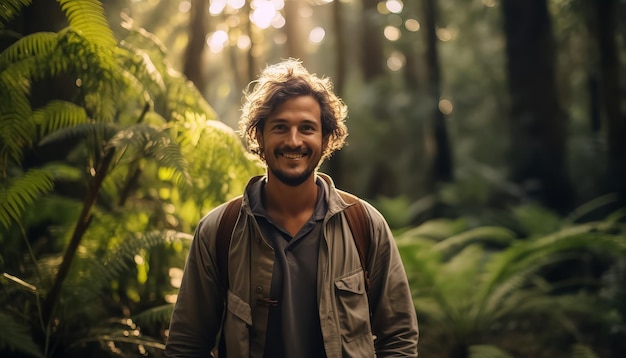 Ein Mann mit einem Rucksack und einem Lächeln auf dem Gesicht steht in einem Wald