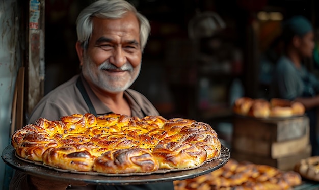 ein Mann mit einem Schnurrbart steht hinter einem Kuchen mit einem Lächeln auf seinem Gesicht