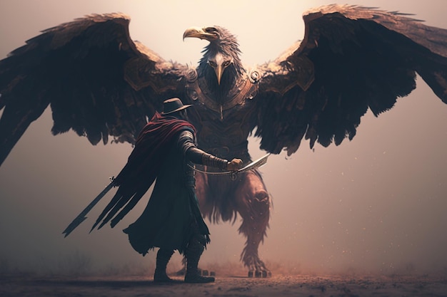 Ein Mann mit einem Schwert und einem Schwert steht vor einem Mann mit einem großen Adler auf dem Rücken.
