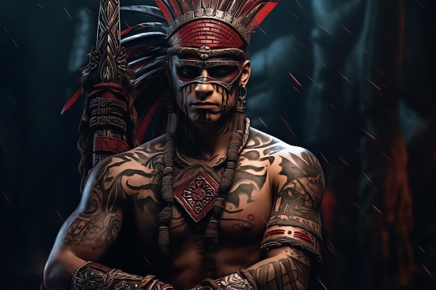 Ein Mann mit einem Stammes-Tattoo auf dem Kopf steht vor einem dunklen Hintergrund.
